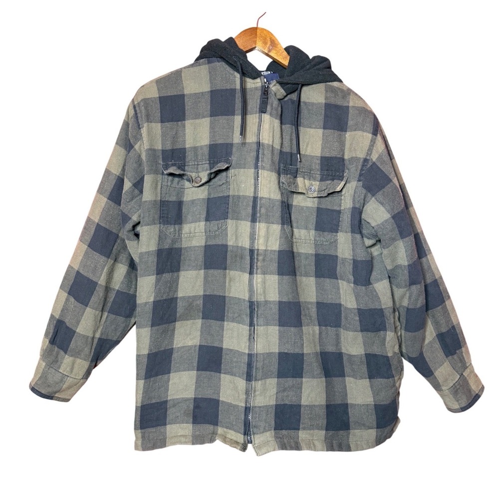 Puritan Men XL Gray Plaid Line Hood Full Zip Pocket Tee Jacket Outdoor Gorpcore
